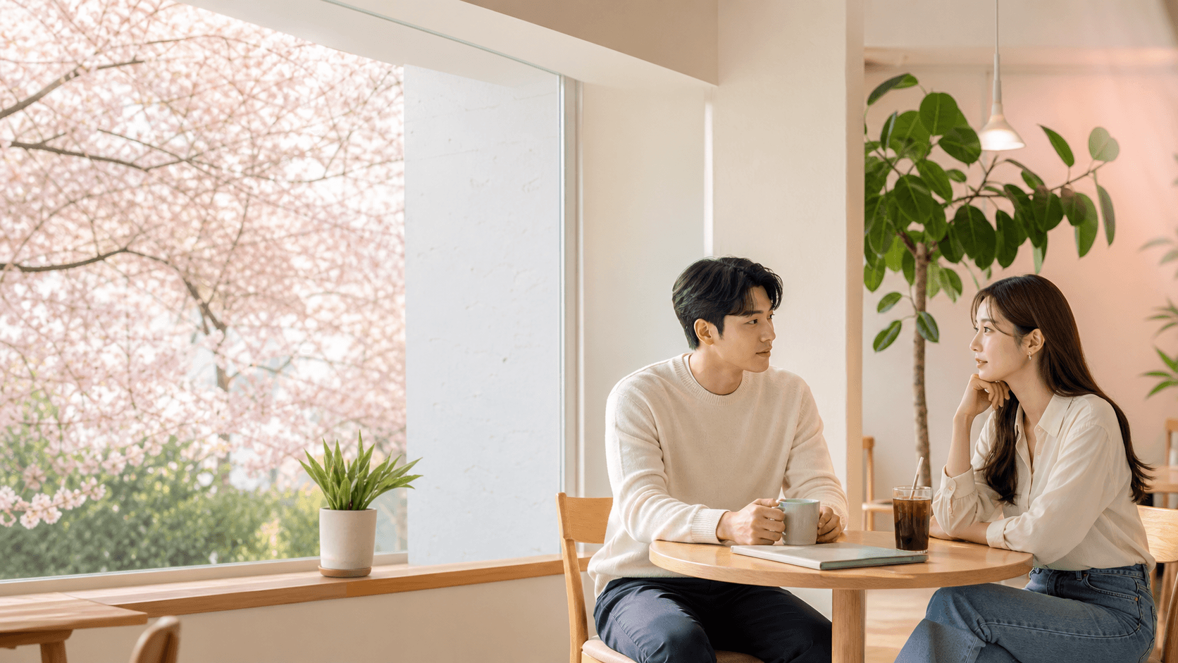 조용한 카페에서 대화를 나누는 사람들