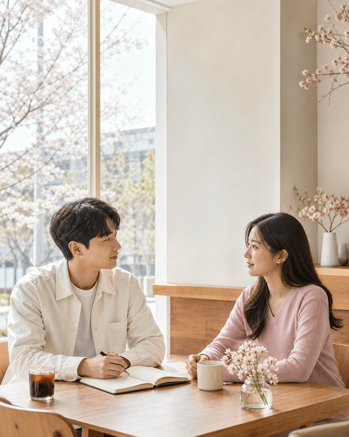 조용한 카페에서 대화를 나누는 사람들